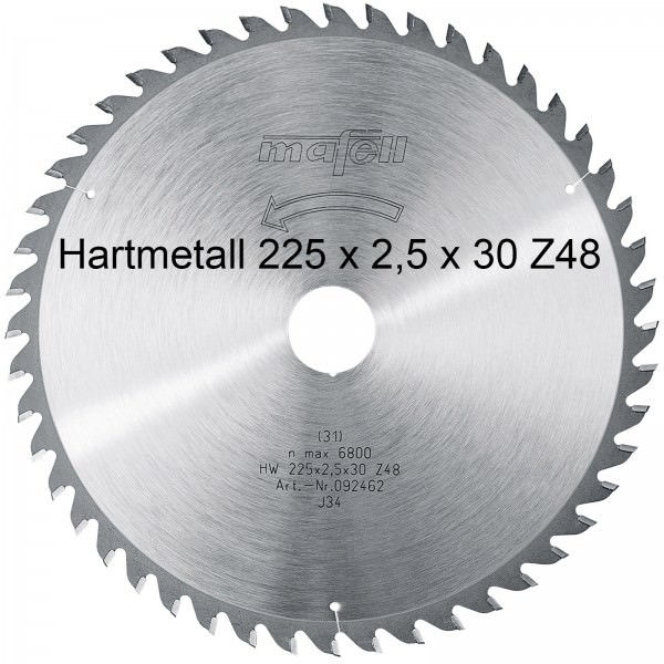 Mafell Sägeblatt-HM 225 x 1,8/2,5 x 30 mm Z 48 WZ für Feinschnitte 092462